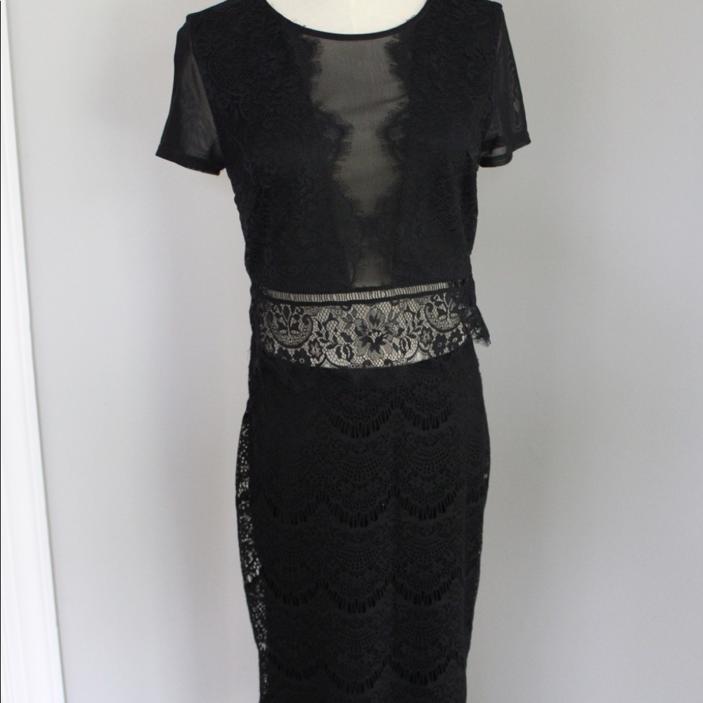 Express Lace two piece lace and sheer crop top and matching lace pencil skirt